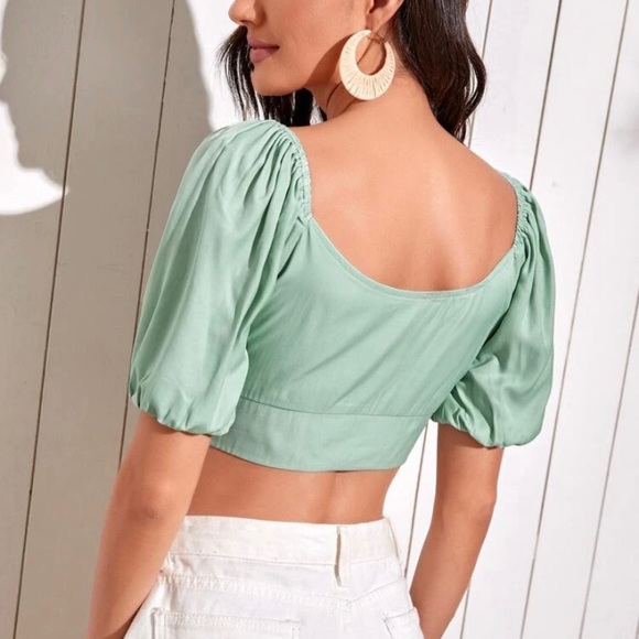 SHEIN Ruched Drawstring Front Crop Shirt - Picture 2 of 6